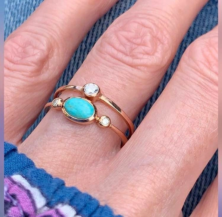 Gorgeous set. 2 rings both 10k Rose Gold, 3 diamonds and turquoi