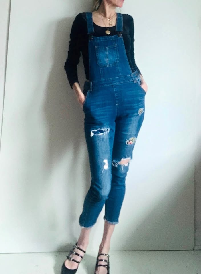 Vintage Fitted Overalls Cotton Denim with Stretch Cute Patches