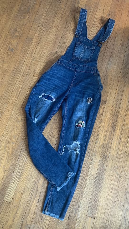 Vintage Fitted Overalls Cotton Denim with Stretch Cute Patches - photo 2