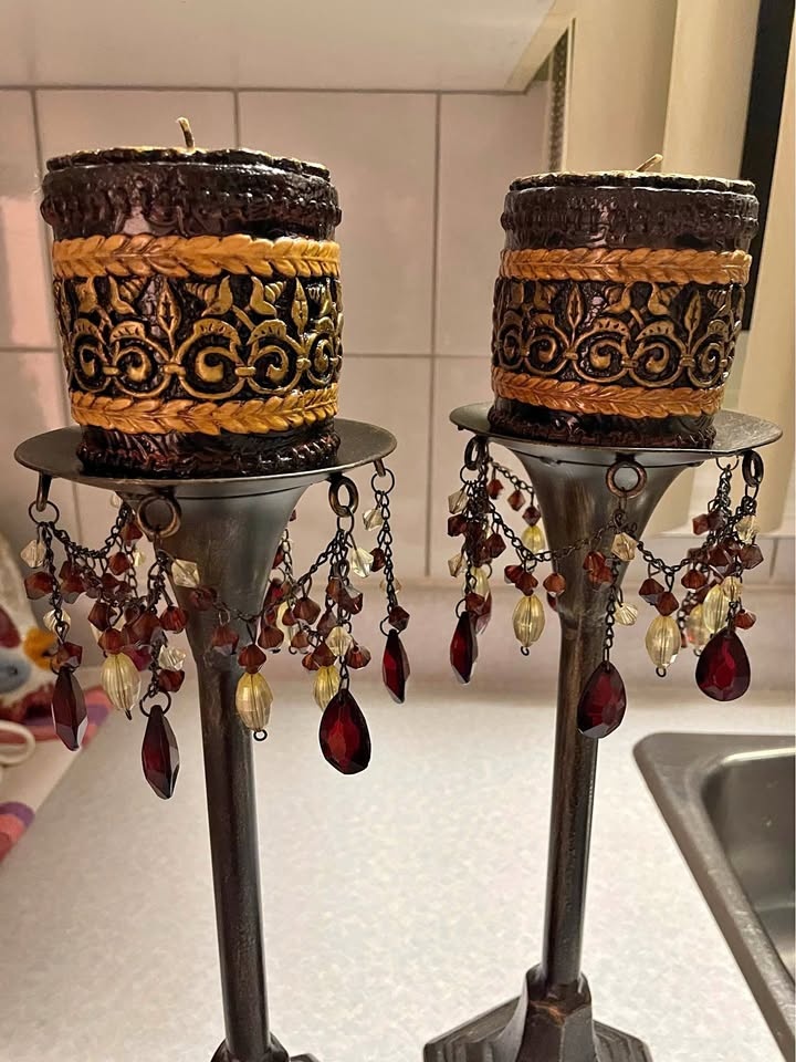 Ornate Dark Bronze Candle Holders w/ Beaded Accents & Candles (P