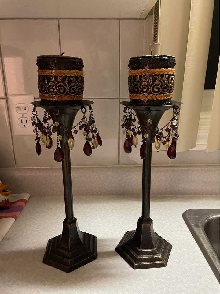 Ornate Dark Bronze Candle Holders w/ Beaded Accents & Candles (P - photo 3
