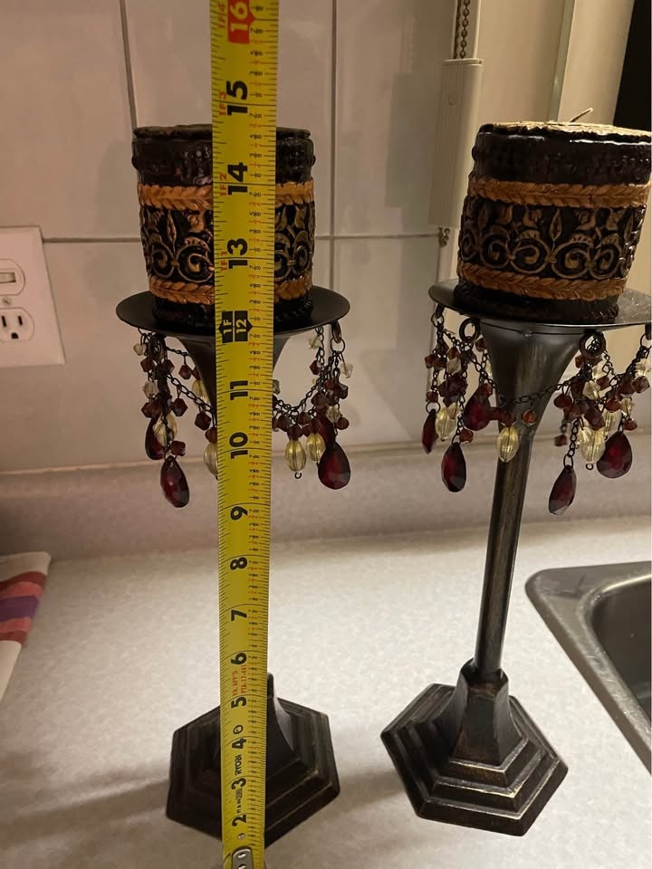 Ornate Dark Bronze Candle Holders w/ Beaded Accents & Candles (P - photo 4