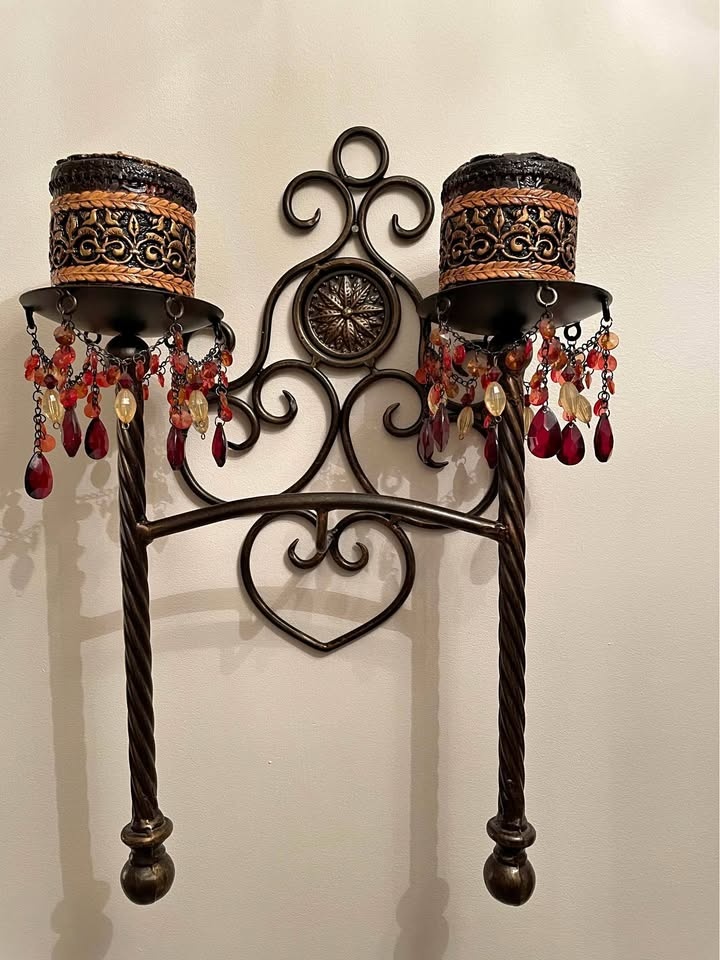 Two Ornate Metal Wall Sconce Candle Holders w/ Beads