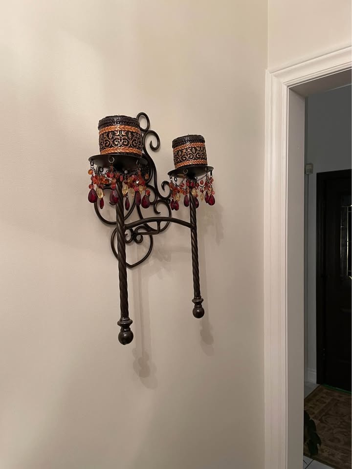 Two Ornate Metal Wall Sconce Candle Holders w/ Beads - photo 2