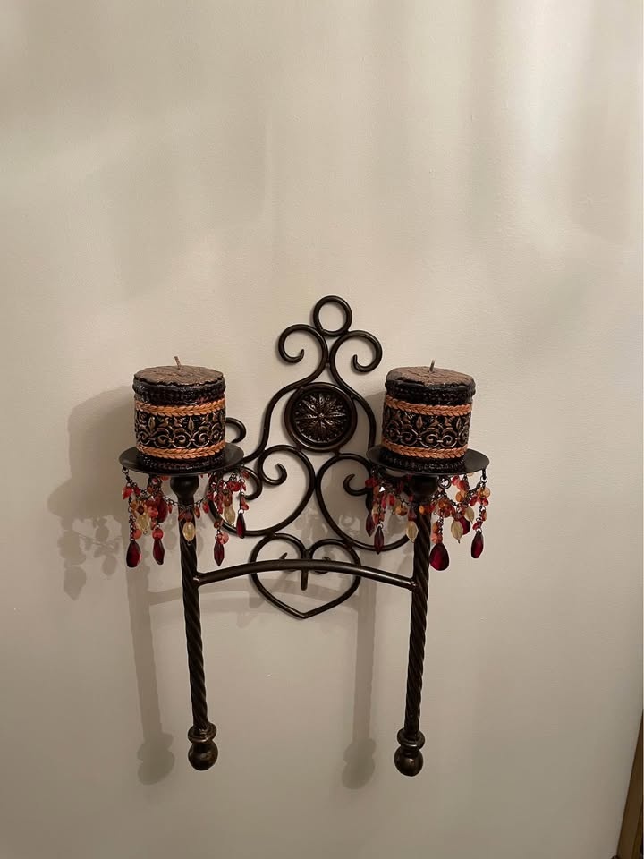 Two Ornate Metal Wall Sconce Candle Holders w/ Beads - photo 3