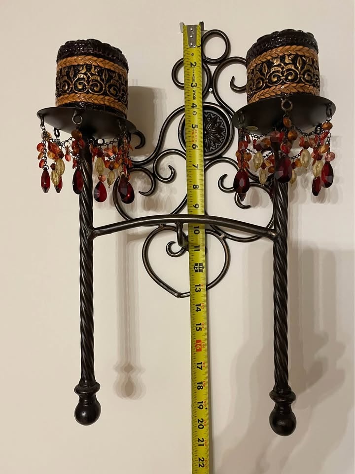 Two Ornate Metal Wall Sconce Candle Holders w/ Beads - photo 5
