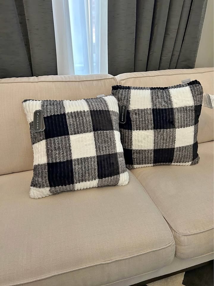 2 Faux Fur Throw Pillows - Black/White Buffalo Check