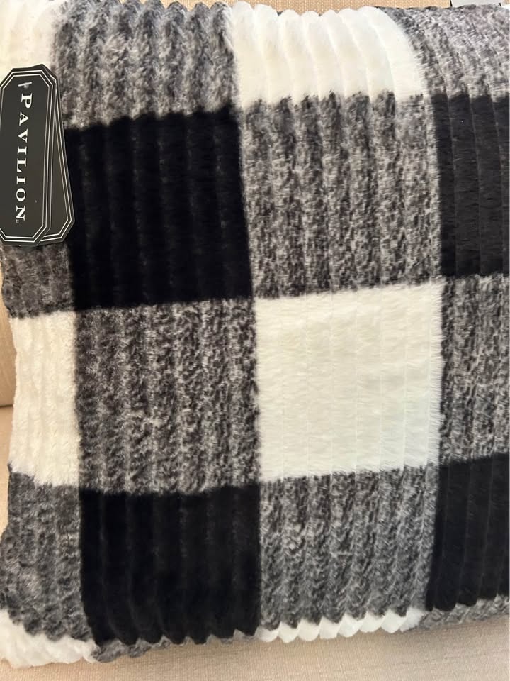 2 Faux Fur Throw Pillows - Black/White Buffalo Check - photo 2