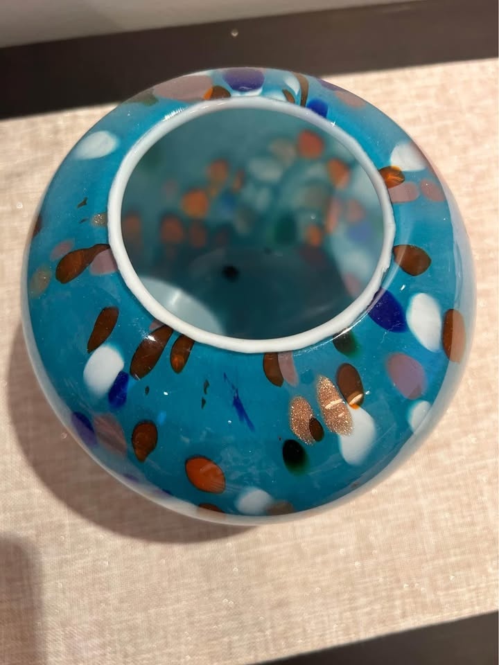Glass vase round, blue with colourful speckled - photo 2