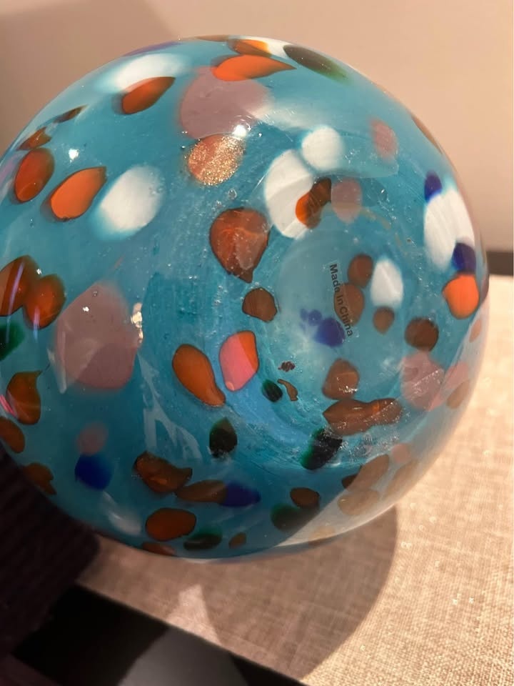 Glass vase round, blue with colourful speckled - photo 3