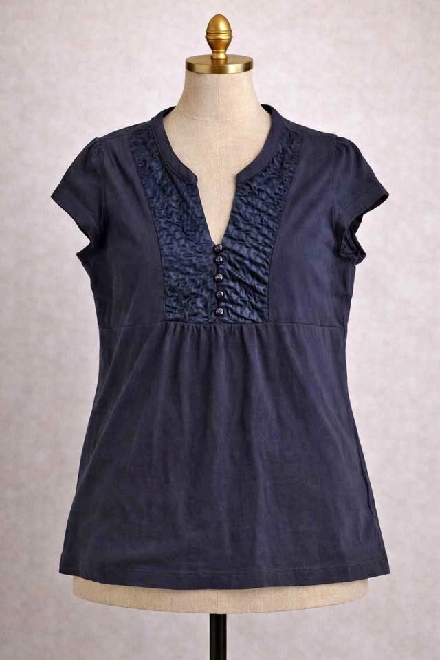 H&M Navy Short Sleeve Blouse with Elegant Front Detail - M