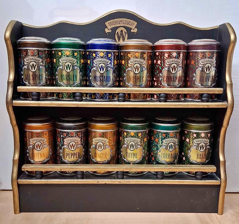 1980s Vintage Watkins Spice Rack with Metal Tins