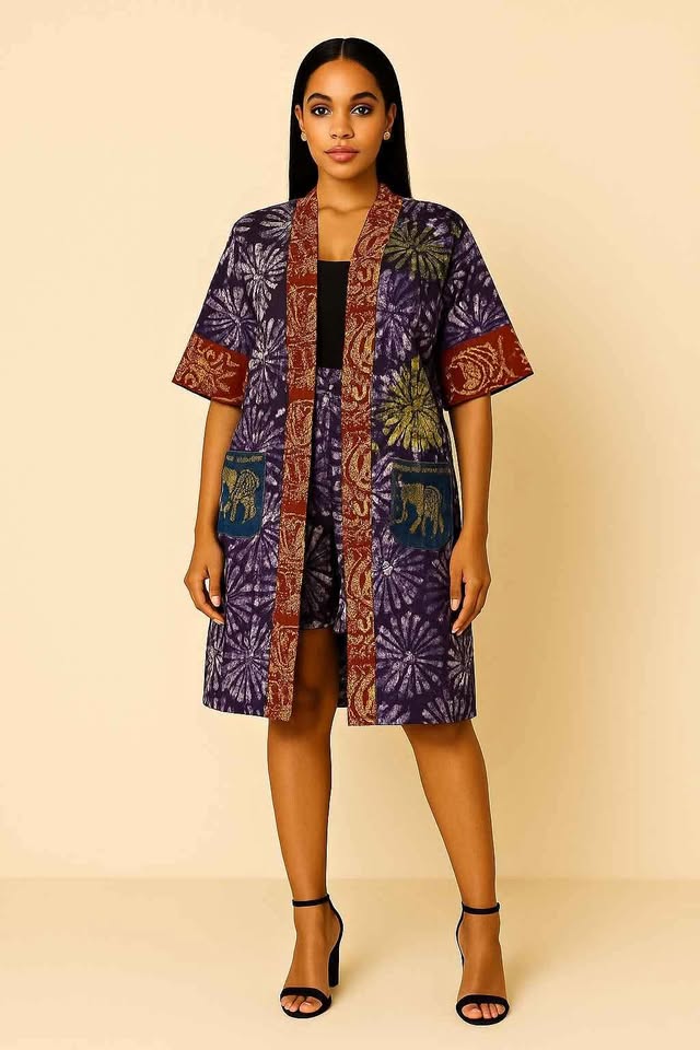 Hand-Dyed Adire Kimono & Shorts Set (Purple/Multi) – UK 8–12