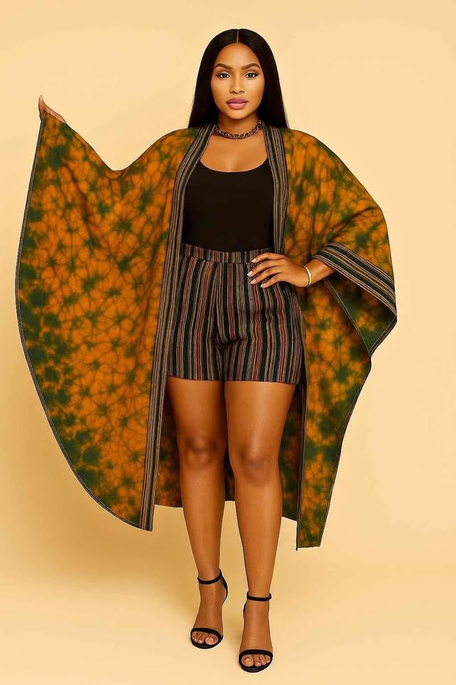 Chic Tie-Dye Kimono + Aso-Oke Bottoms Size S-M