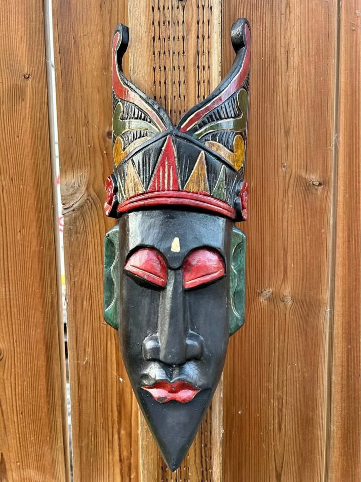 Hand-Carved Wooden Tribal Mask – Colorful Wall Art 17" thumbnail