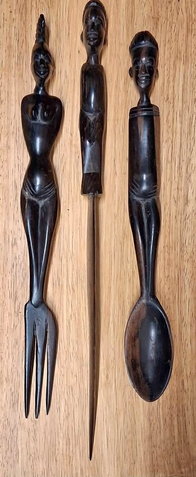 Vintage African Hand-Carved Wooden Cutlery Set