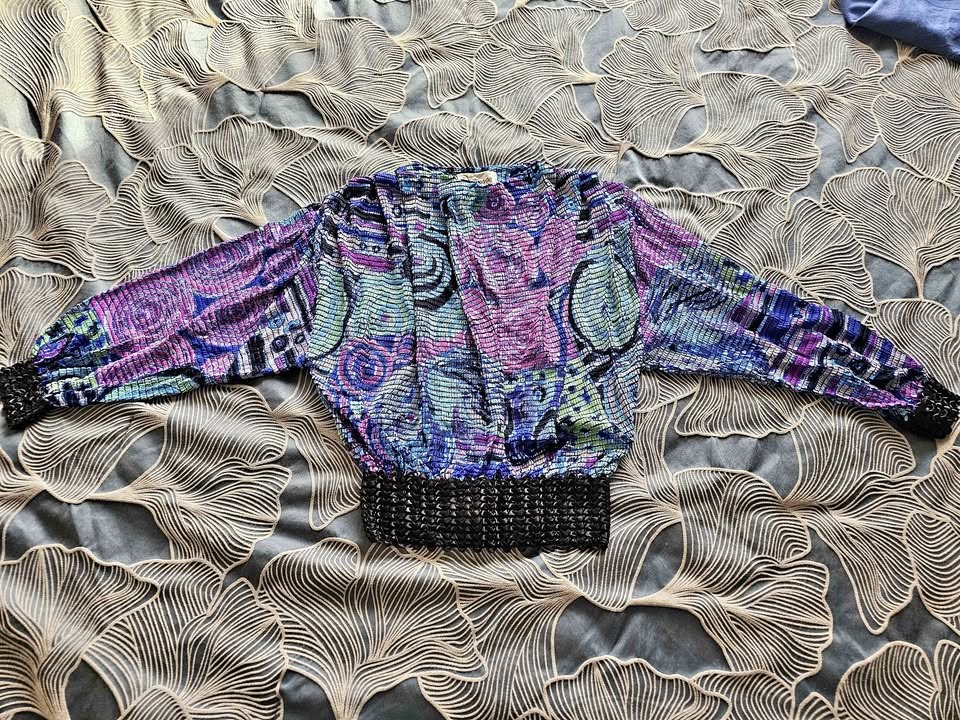 Colorful Shirred Long Sleeve Crinkle Top