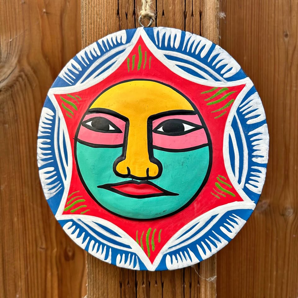 Hand-Painted Folk Art Sun Wood Face Wall Hanging – 6”