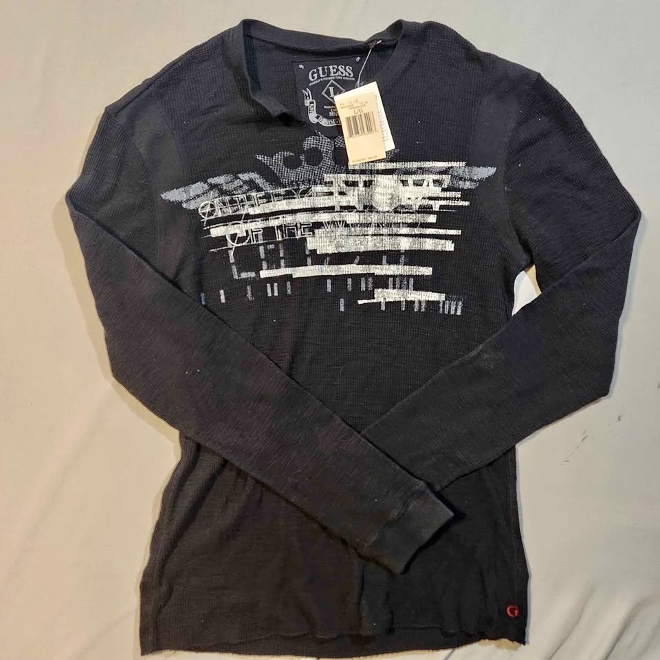 Guess Black Long Sleeve Sz L Waffle Thermal Shirt Large NWT