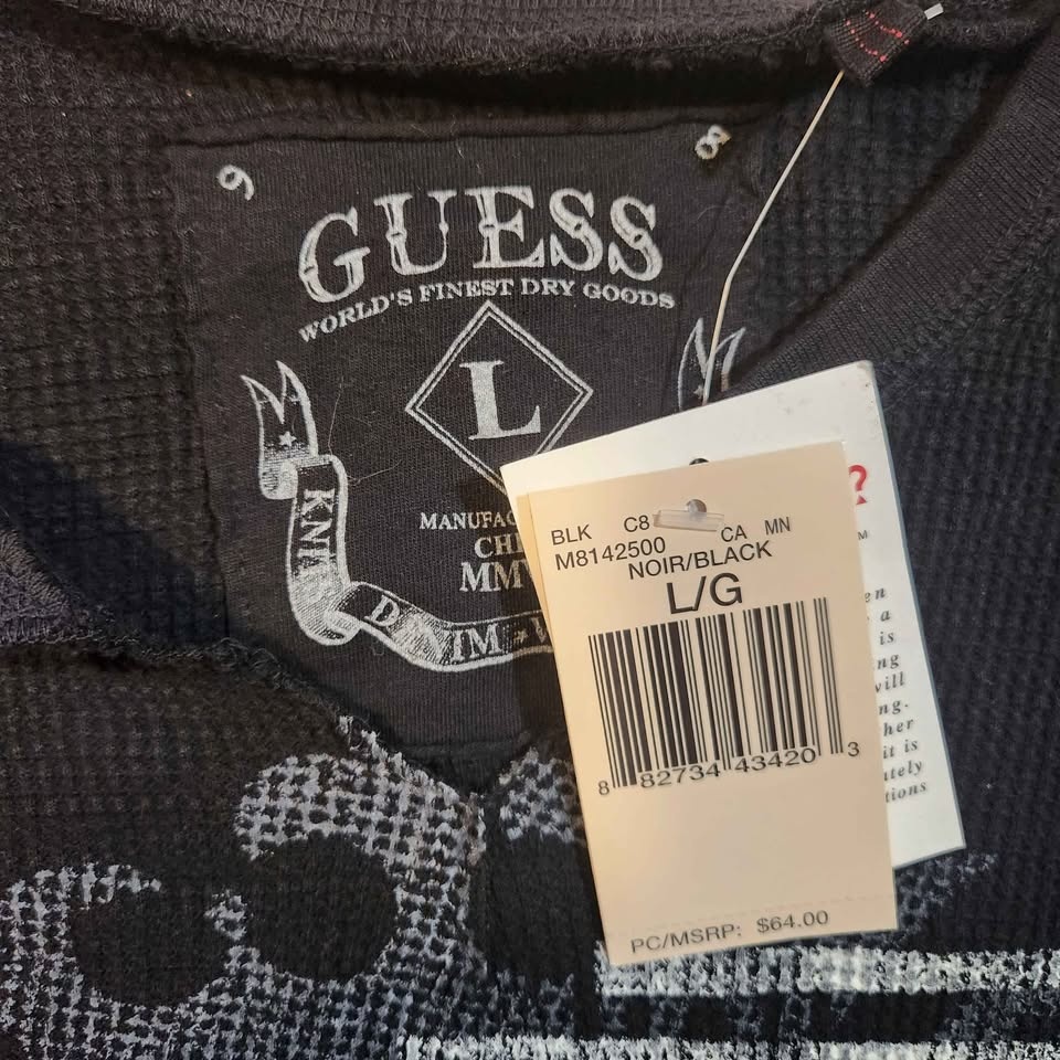 Guess Black Long Sleeve Sz L Waffle Thermal Shirt Large NWT - photo 2