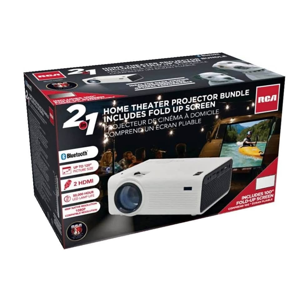 RCA Home Theater Projector Bundle w/ 100" Fold Up Screen