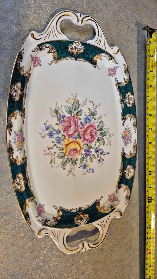 Vintage Porcelain Tray with Flowers and Handles