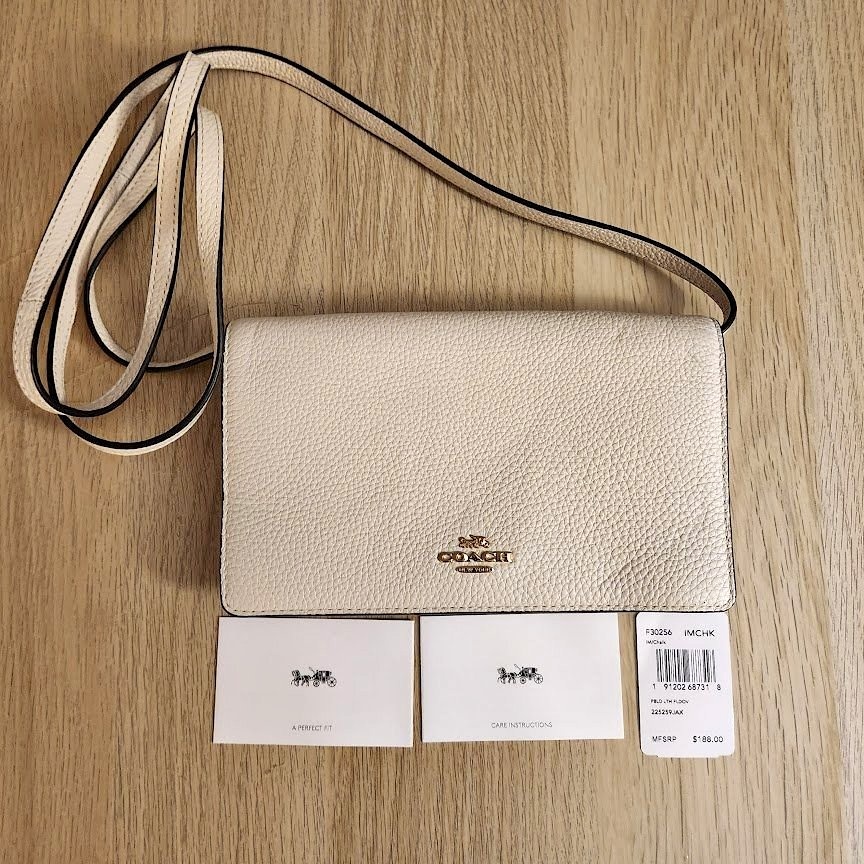 New Coach Pebbled Leather Fold Over Crossbody Purse- Chalk