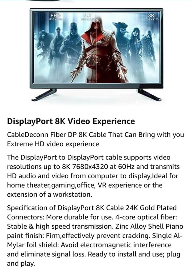New 33ft 8K Fiber Optic DisplayPort Cable (10M) - photo 4