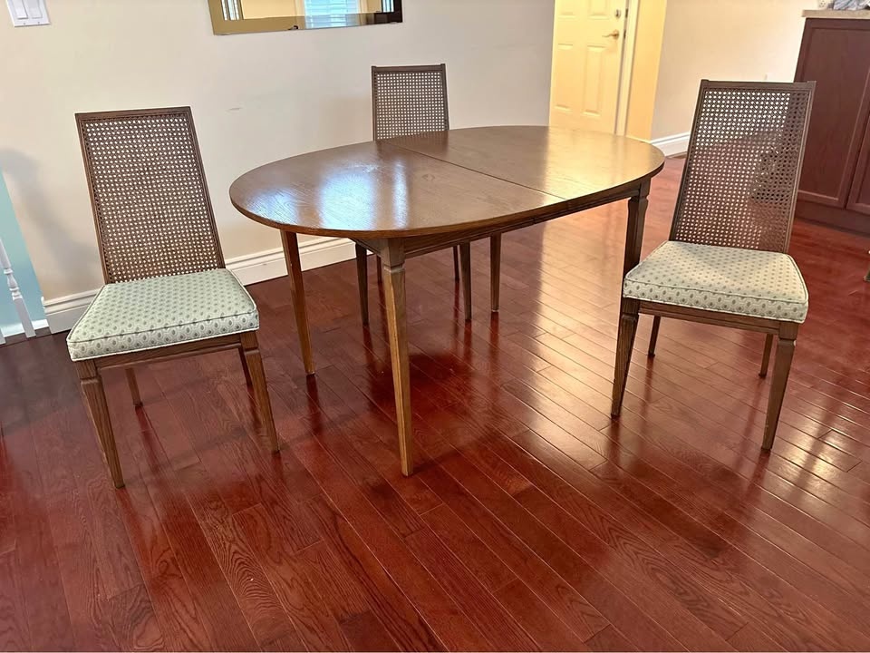 Dining table with 4 cane back chairs + extension leaf - seats 8