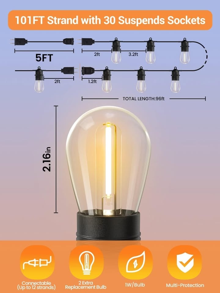Quntis 101FT Outdoor String Lights(30+2) - photo 4