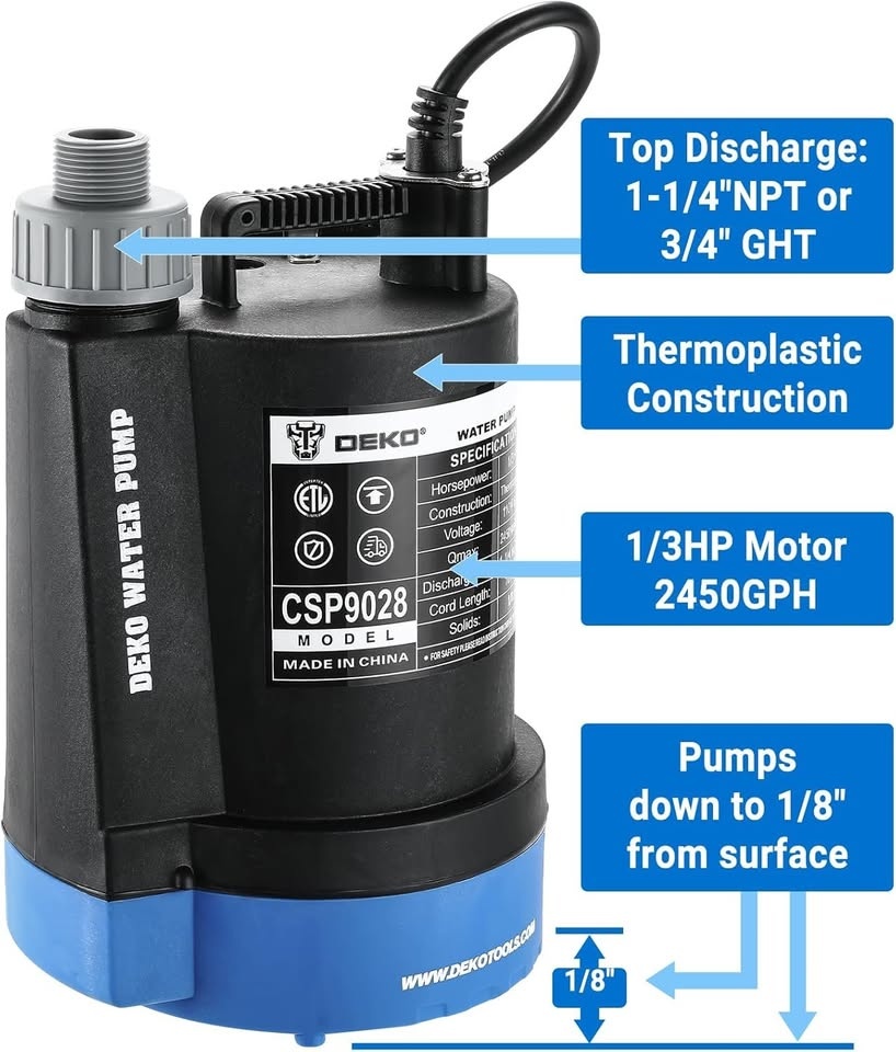 DEKOPRO Submersible Water Pump 1/3 HP 2450GPH Utility Pump - photo 2