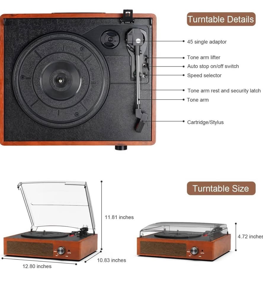 Bluetooth Turntable Record Player with Speakers - Brown - photo 2