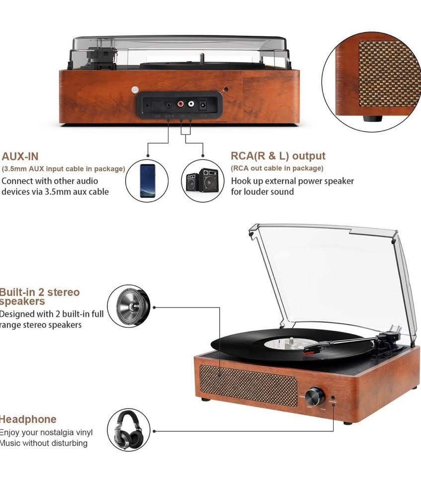 Bluetooth Turntable Record Player with Speakers - Brown - photo 3