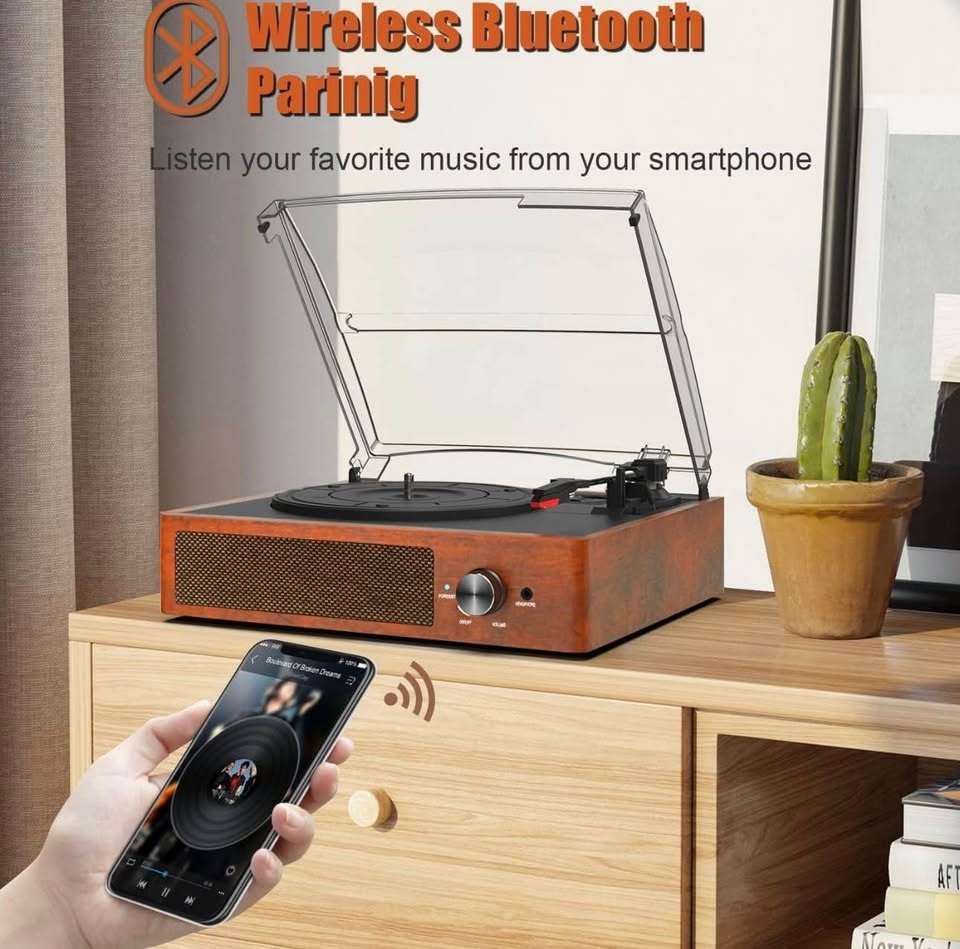 Bluetooth Turntable Record Player with Speakers - Brown - photo 4