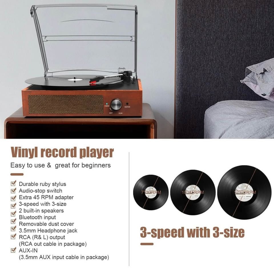 Bluetooth Turntable Record Player with Speakers - Brown - photo 5