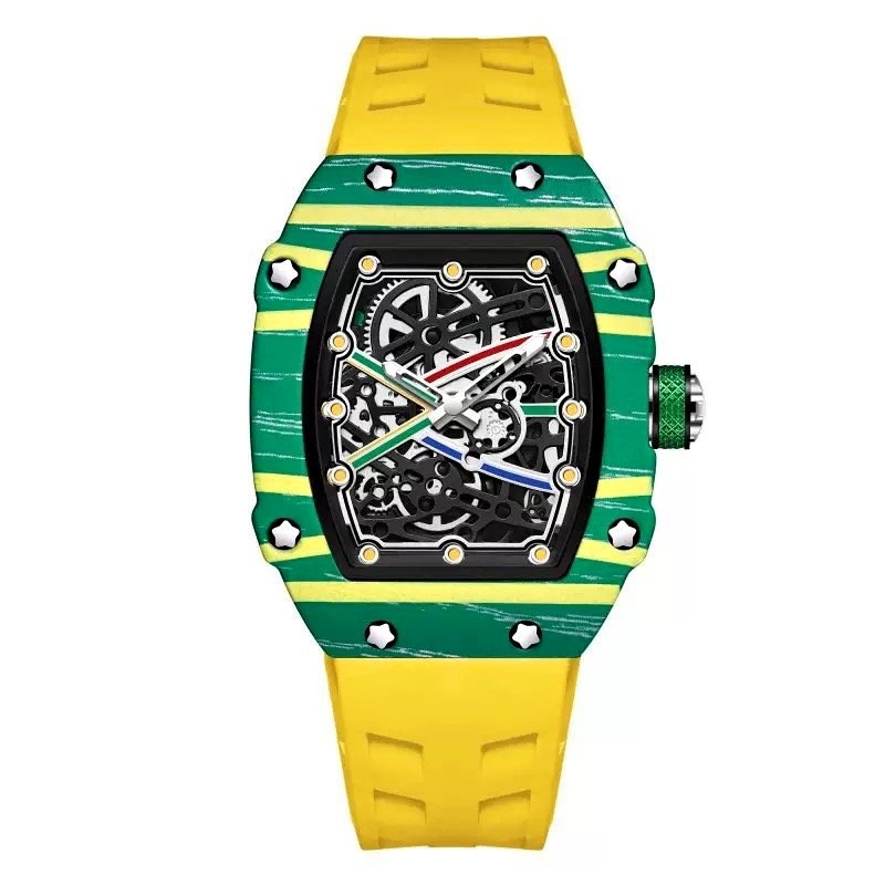 Luxury Skeleton Tonneau Watch Green Case Yellow Rubber Strap
