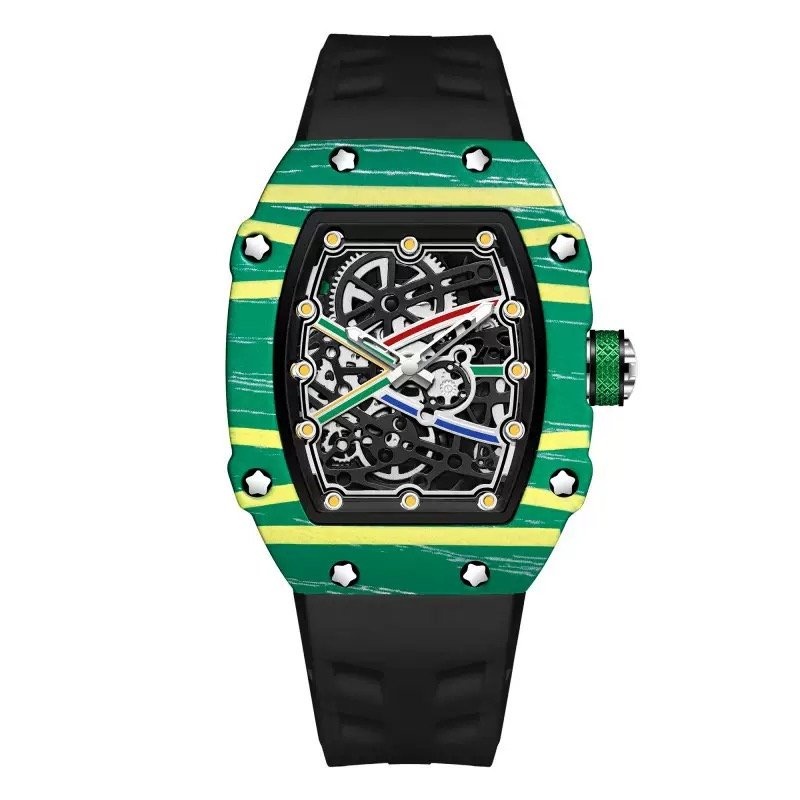 Luxury Skeleton Tonneau Watch Green Case Yellow Rubber Strap - photo 2