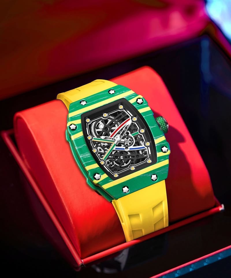 Luxury Skeleton Tonneau Watch Green Case Yellow Rubber Strap - photo 3