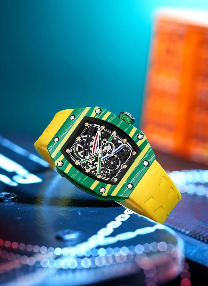 Luxury Skeleton Tonneau Watch Green Case Yellow Rubber Strap - photo 4