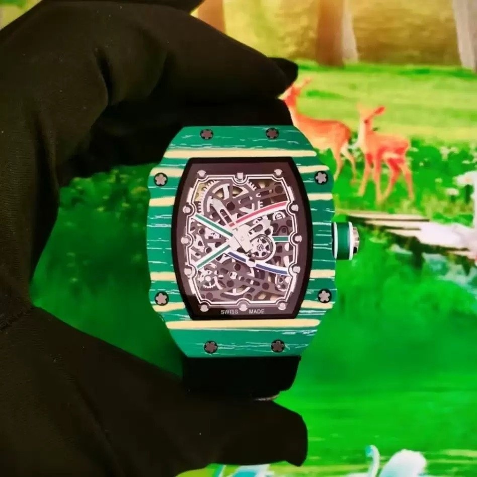 Luxury Skeleton Tonneau Watch Green Case Yellow Rubber Strap - photo 5