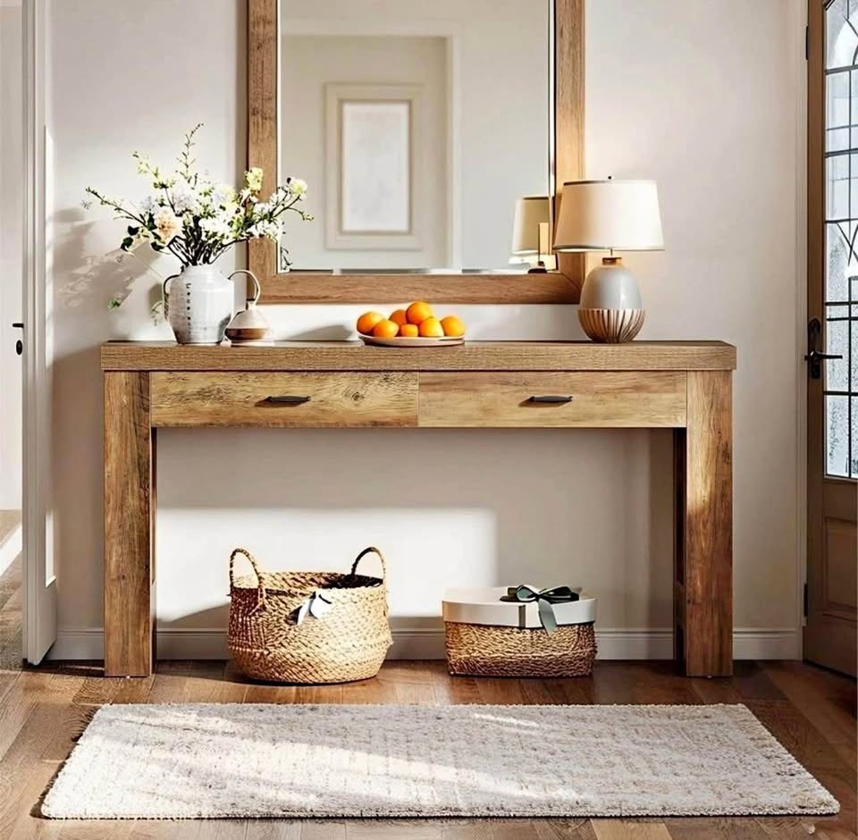 63" Farmhouse Console Table with 2 Drawers, Brown