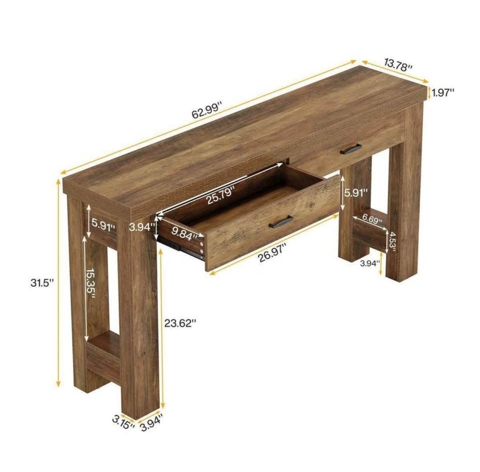 63" Farmhouse Console Table with 2 Drawers, Brown - photo 2