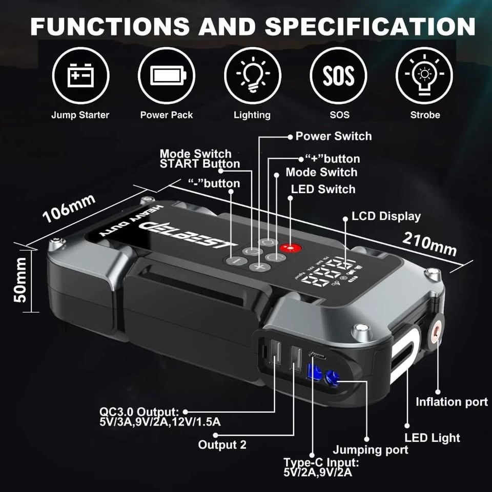 Celbest 4-in-1 Jump Starter & Tire Inflator - 3750A - photo 5