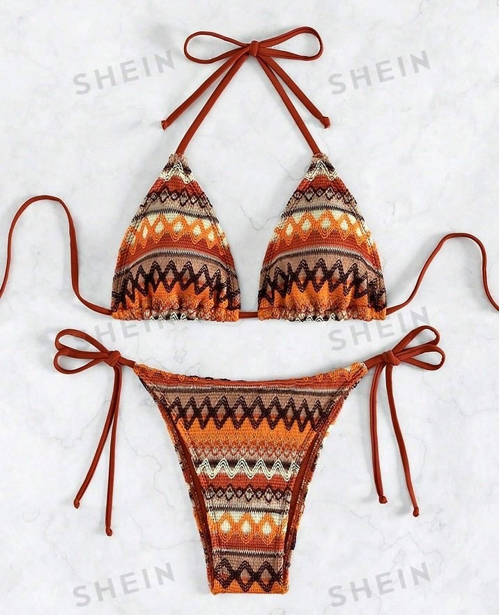 Geo Print Halter Triangle Tie Side Bikini Swimsuit Size M