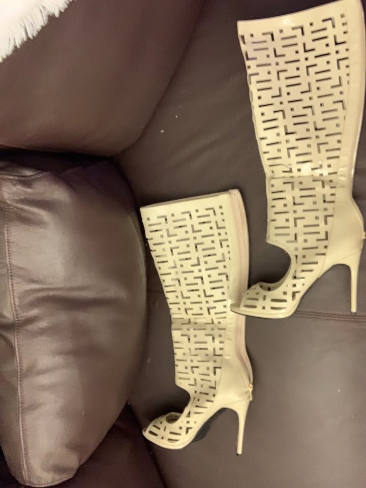 Beige Perforated Peep Toe Knee High Boots Faux Leather 11 - photo 3