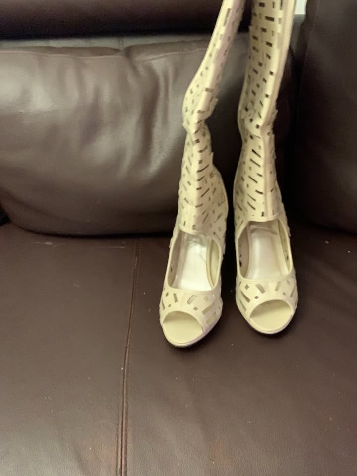 Beige Perforated Peep Toe Knee High Boots Faux Leather 11 - photo 4