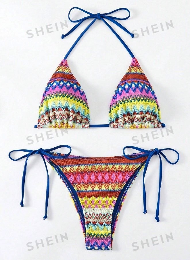 Geometric Pattern Knotted Side Bikini Swimsuit Set Size M