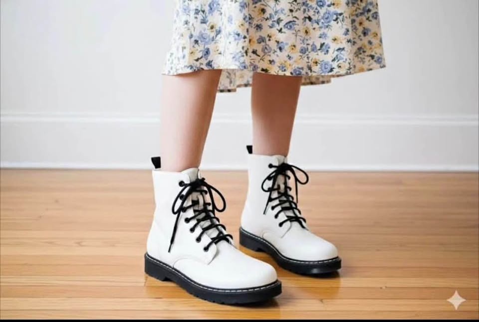 White Fall Boots with Black Laces - Size 9