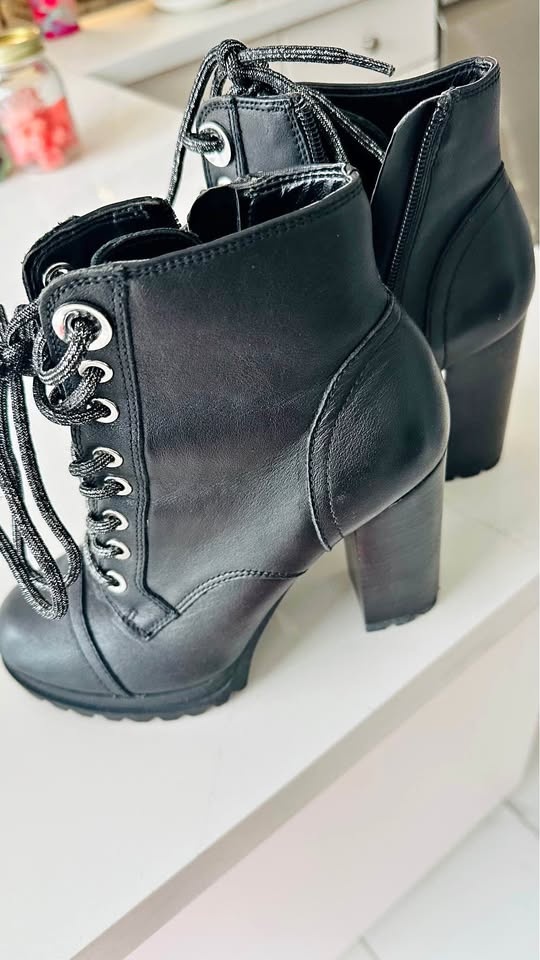 ALDO Marille High Heel Combat Boots - Black Leather Size 6