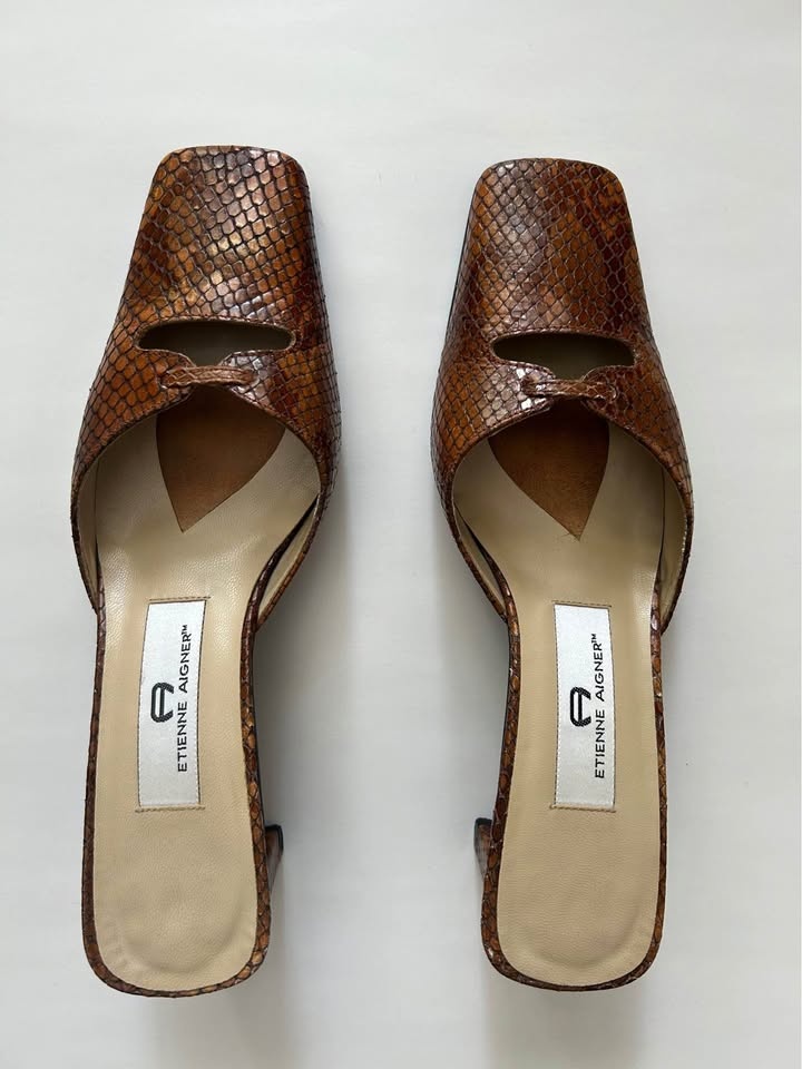 Etienne Aigner Tan Snakeskin Leather Sandals